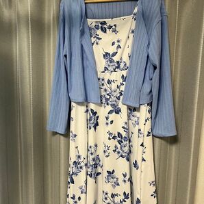 花柄ワンピース カーディガン 2点セット ブルー