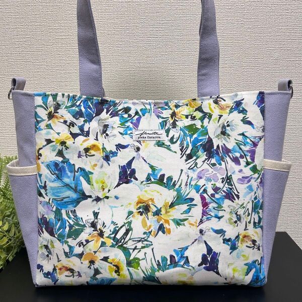 A4●ライラック●帆布●ニュアンスフラワー●サイドポケット●ハンドメイド●トートバッグ