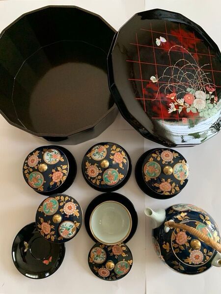 有田燒 清右衛門 古伊万里 金彩 急須 蓋付き湯呑み 茶托 茶器入れ 美品
