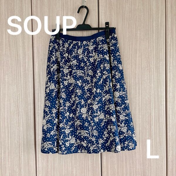 スープ(SOUP)コットンスカート ドット 花柄 ネイビー L ひざ丈