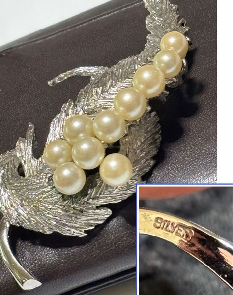 ヴィンテージSILVER銀製パール ブローチ 葉デザイン 年代物レトロビンテージ vintageアクセサリー