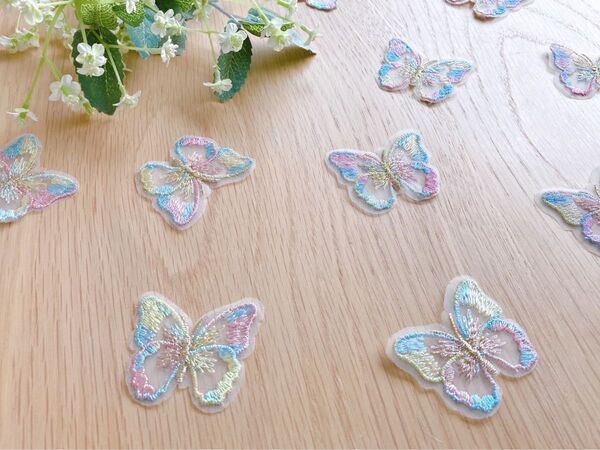 一枚羽・蝶モチーフレース オーガンジー パステルレインボー*10個入り ハンドメイド 飾り付け 縫い付け 手芸