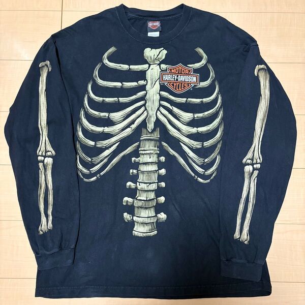 00年代 ハーレーダビッドソン ボーン柄 スカル Harley-Davidson 長袖Tシャツ ロンT