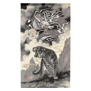 【匿名配送】のれん 龍虎と勾玉 龍 虎 トラ 雲 風 幅88x丈150cm 日本製 和風 和柄 水墨画 ドラゴン