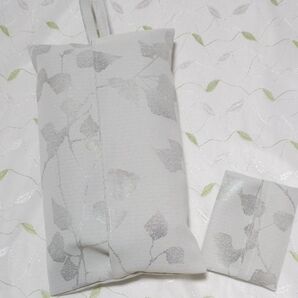 【58】ポケットティッシュカバーつき スリムボックスティッシュカバー シルバー葉