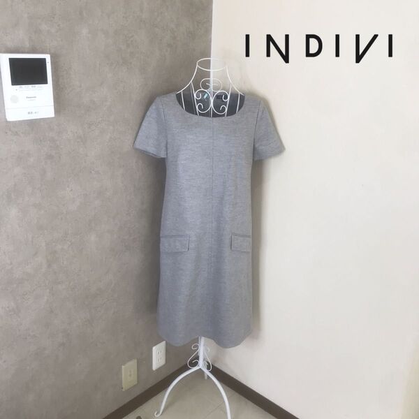 インディヴィ 1度着用 ワンピース 半袖 ひざ丈 グレー
