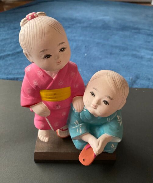 博多人形 子供2人 置物 昭和レトロ 男の子 女の子 人形