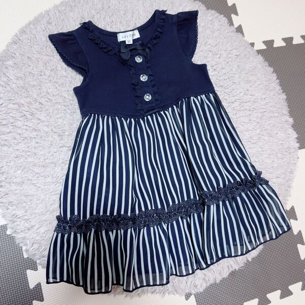ベビー服90サイズ☆anyFAMのネイビー×ストライプワンピース裏地&ポケット付 ワンピース 女の子 子供服