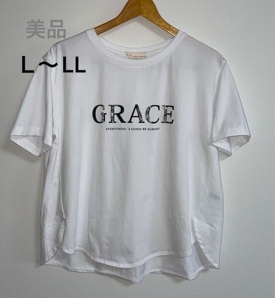 【美品】ロゴ オーバー 半袖Tシャツ レディース L〜LL ホワイト