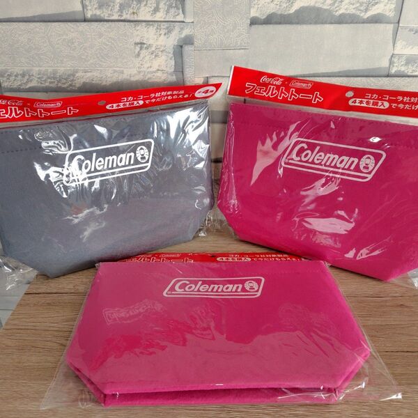 【3点セット】Coleman コールマン コカコーラ フェルト トートバッグ ピンク×2 グレー×1