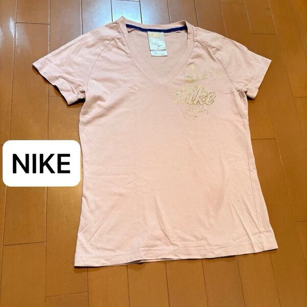 ナイキ NIKE 半袖Tシャツ トップス Vネック ロゴ ラメ スポーツウエア Mサイズ ピンク NIKE 綿100% コットン
