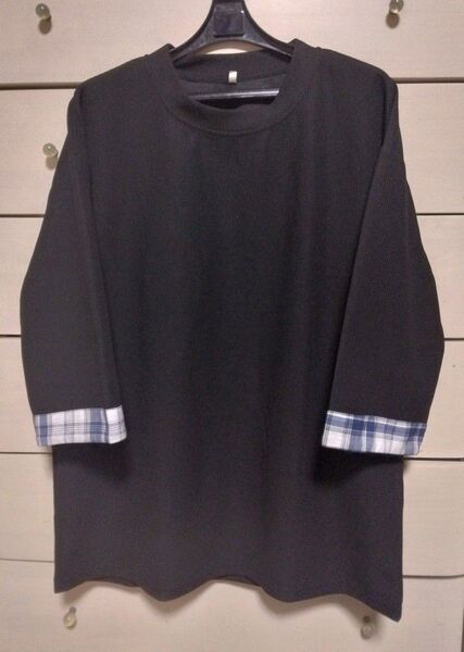 チェック柄 七分袖 Tシャツ 黒