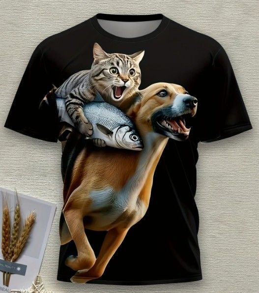 送料無料!Tシャツ【黒色・魚を盗み犬に乗って逃げる猫】欧米L(日本LLサイズ)シャツメンズレディース・おしゃれ・おもしろ