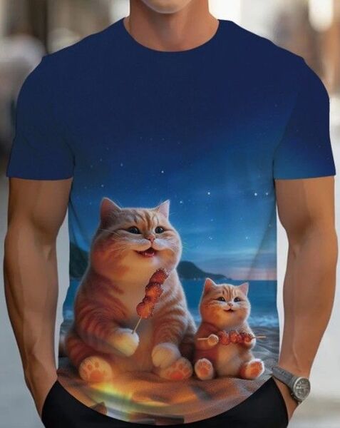送料無料!Tシャツ【夜の砂浜で焼き鳥親子猫】欧米L(日本LLサイズ)シャツメンズレディース・おしゃれ・おもしろ