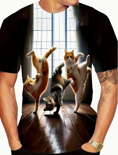 送料無料!Tシャツ【3匹のブレイクダンス猫】欧米L(日本XLサイズ)シャツメンズレディース・おしゃれ・おもしろ
