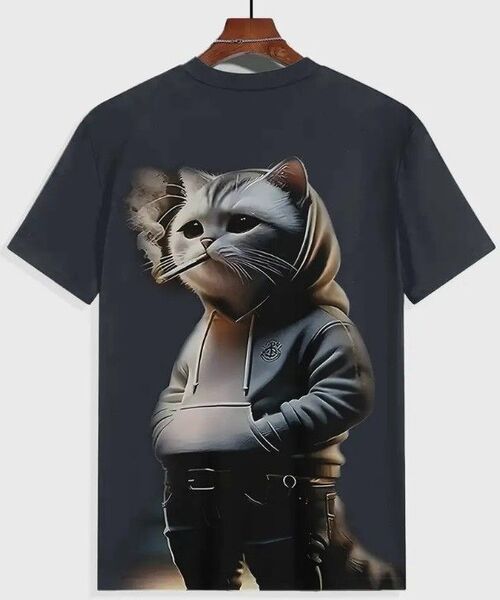 送料無料!Tシャツ【タバコを吸うパーカー猫・灰黒】欧米L(日本LLサイズ)シャツメンズレディース・おしゃれ・おもしろ 黒