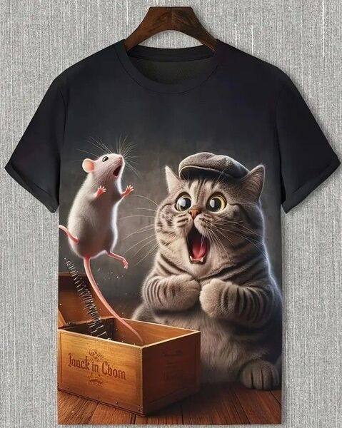 送料無料!Tシャツ【ねずみに驚く猫博士】欧米L(日本LLサイズ)シャツメンズレディース・おしゃれ・おもしろ