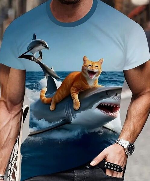 送料無料!Tシャツ【サメでサーフィンする猫】欧米L(日本LLサイズ)シャツメンズレディース・おしゃれ・おもしろ