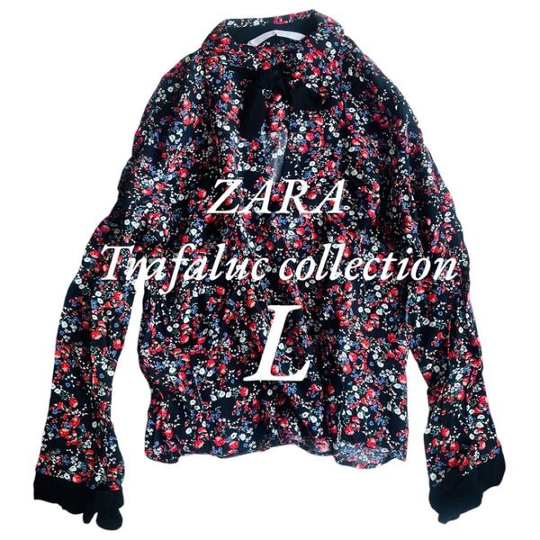 ZARA TRF 花柄 総柄 ブラウス リボン 長袖 【L】 ブラック シャツ