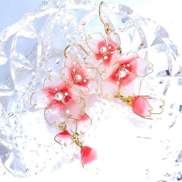 ゆらゆら揺らめく白桜の赤ピアスNo.265 ハンドメイド