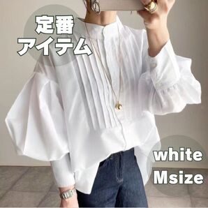Mシャツ ブラウス ボリューム袖 チュニック ホワイト ふんわり袖 長袖シャツ