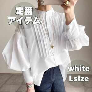 L シャツ ブラウス ボリューム袖 チュニック ホワイト ふんわり袖 長袖シャツ