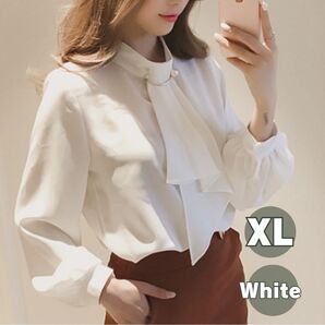 レディースブラウスボウタイ XL ホワイト 長袖 パール トップス フォーマル 白 長袖 ブラウス トップス リボン