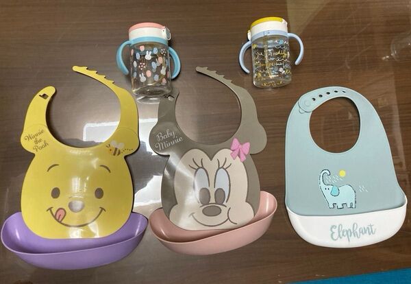 【中古】7点セット リッチェル ストローマグ2個セット&よだれかけ3枚セット& エジソン 離乳食調理セット&ピジョン マグセット