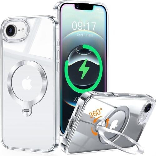 iPhone 16e 用 クリア ケース Magsafe 対応 360°回転CD スタンド
