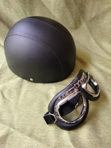 ◆◇【未使用】ビンテージ風ヘルメット ゴーグル付き ブラウンレザー 半ヘル フリーサイズ 原付◇◆