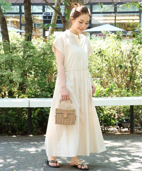 【22SS】SIMPLICITE ストライプドロスト シャツ ロングワンピース シンプリシテェ オレンジ×サックスブルー