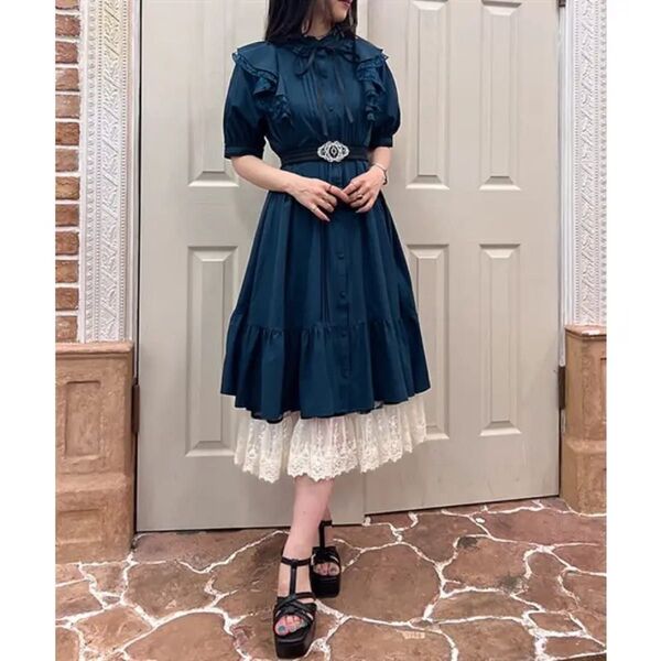 axes femme 肩フリルワンピース ブルーグリーン リボン ミモレ丈 F アクシーズファム