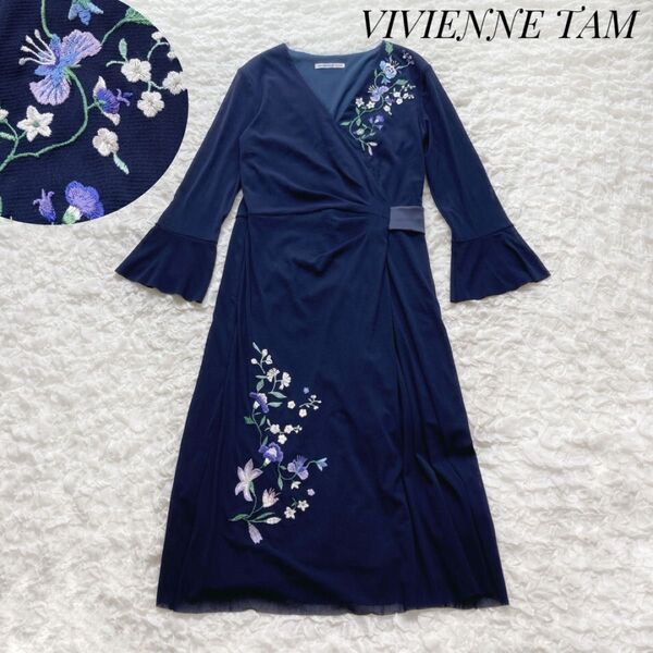 VIVIENNE TAM ラップ風ワンピース ネイビー 刺繍 定価42000円 ヴィヴィアンタム 日本製