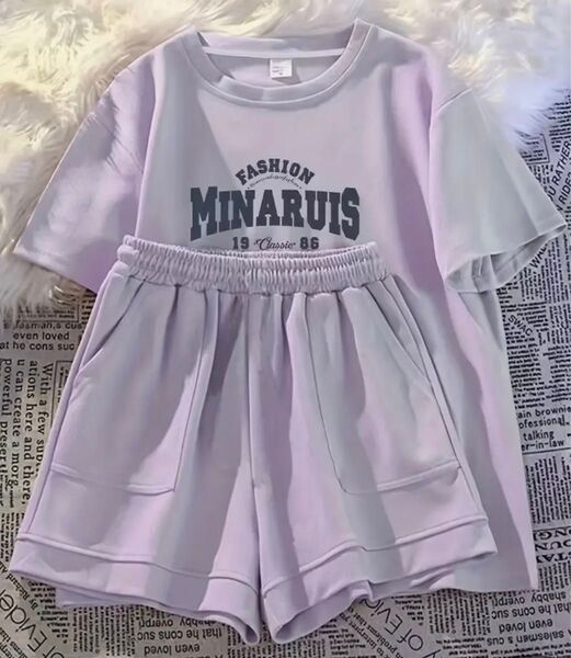 新品150㎝セットアップ★ラベンダーカラー部屋着ルームウェアパジャマ普段着パープルTシャツショートパンツ紫F