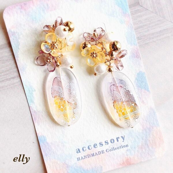 ハンドメイド 塗装/ペイント 手染めビーズ フラワー パープルイエロー ピアス イヤリング