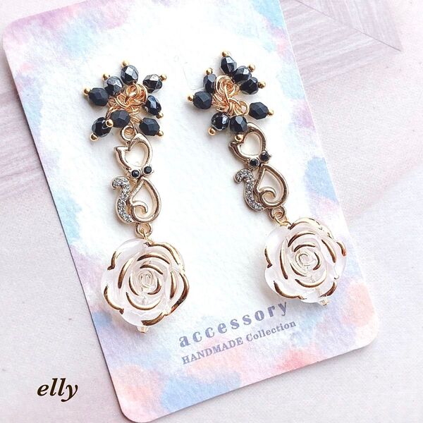 ハンドメイド 手染めビーズ 薔薇 デザインチャーム 猫 ピアス イヤリング
