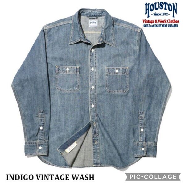 ■新品未使用【HOUSTON/ヒューストン】40511 USAコットンデニムワークシャツ、М、インディゴヴィンテージウォッシュ