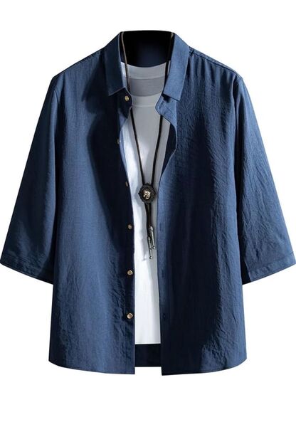 メンズ シャツ かりゆし 七分袖 ブルー ネイビー XL 無地 ゆったり カジュアルシャツ