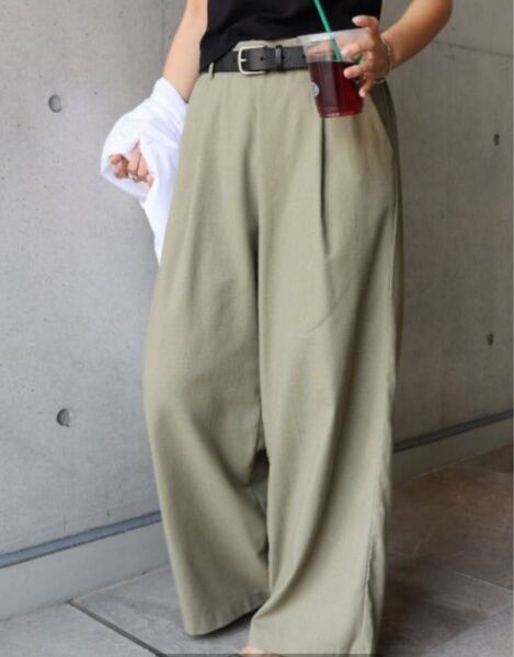 andme レーヨンリネンタックワイドパンツ ウエストゴム Mサイズ カーキ ボトムス イージーパンツ