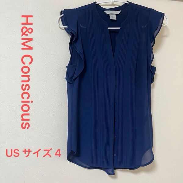 H&M Conscious シアー ノースリーブ ブラウス M ネイビー