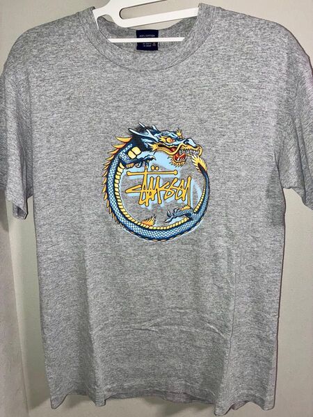 【美品】◎即発送 stussy 90s 紺タグ USA製 Tシャツ サークルドラゴン 龍 グレー M 古着 USED