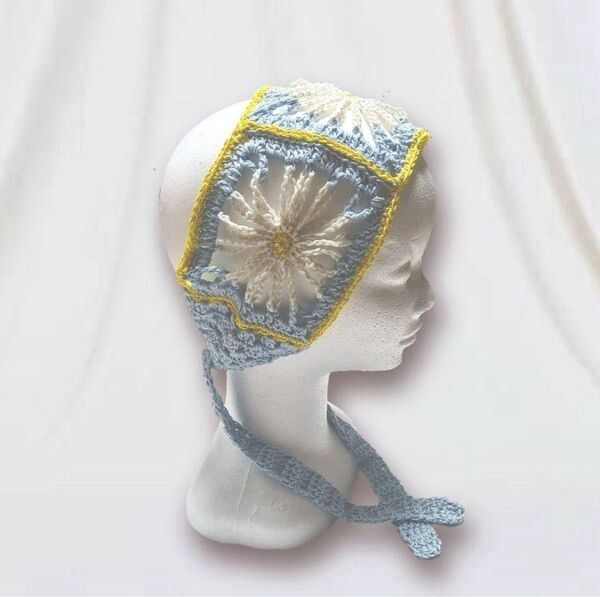 マーガレット模様のヘッドドレス ヘアバンド バンダナ クロシェ 手編み スカーフ 花 vintage ハンドメイド カチューシャ