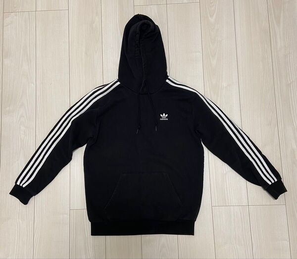 adidas 3本ライン フード付きパーカー Lサイズ ブラック