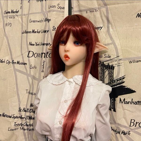 小顔の ドールヘッド エルフ耳 あかね色ヘア 等身大 取付M16ボルト穴タイプ