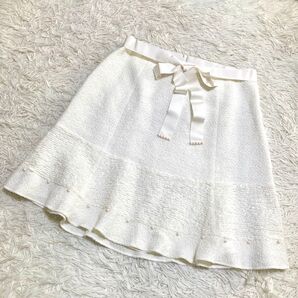 【タグ付未使用】TO BE CHIC トゥービーシック パール フレアスカート 大きいサイズ 50 ホワイト リボンベルト付