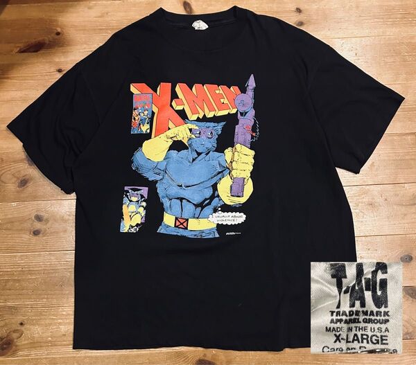 Tシャツ 古着 90s T・A・G X-MEN 激レア 黒 XL アメコミ 1993 希少 ブラック 半袖 プリント ビースト