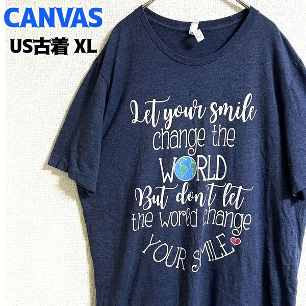 US古着 CANVAS 半袖Tシャツ プリント XL ゆるだぼ グレー 英字