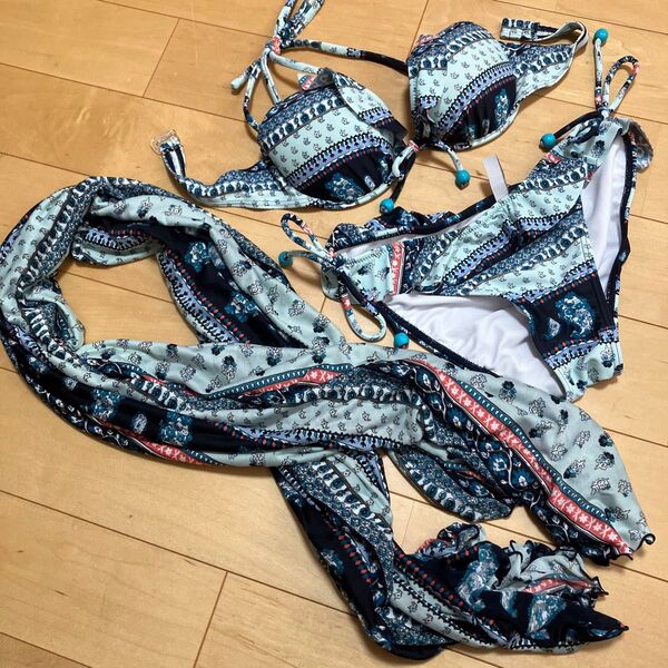 ビキニ 水着 セパレート 青系 ワンピース風 ショール
