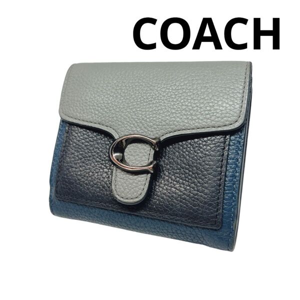 COACH 二つ折り財布 グレー×ネイビー レザー 人気 バイカラー Cロゴ