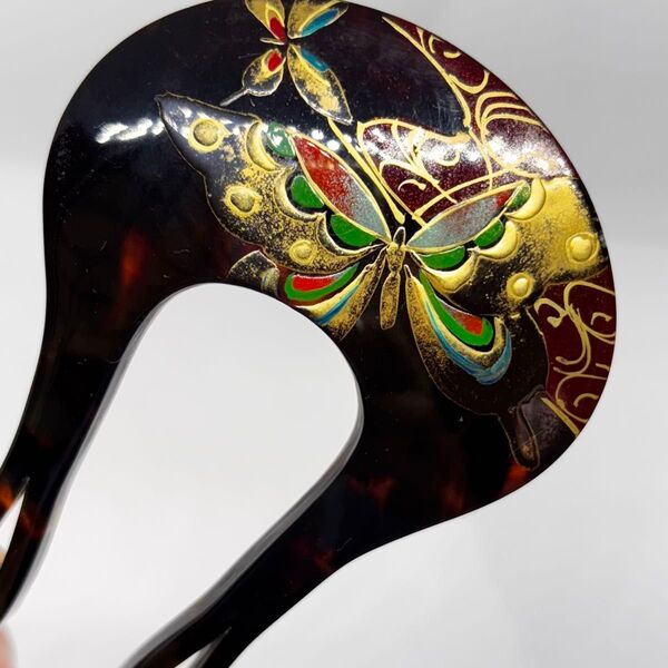 05 本鼈甲 安野岳風 蒔絵一級技能士 金蒔絵 蝶文様 ユーピン型 かんざし